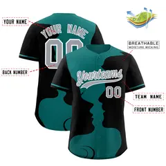 Teal Black Valentine's Day Couple Silhouettes Baseball Jersey 3
