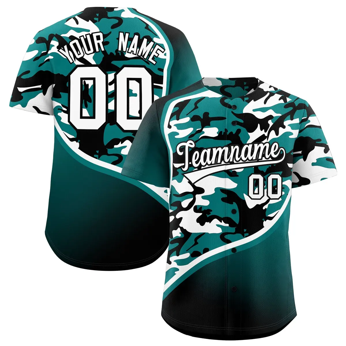 Teal Black White Camo Gradient Fashion Baseball Jersey