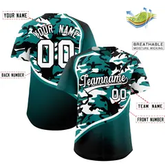 Teal Black White Camo Gradient Fashion Baseball Jersey 2
