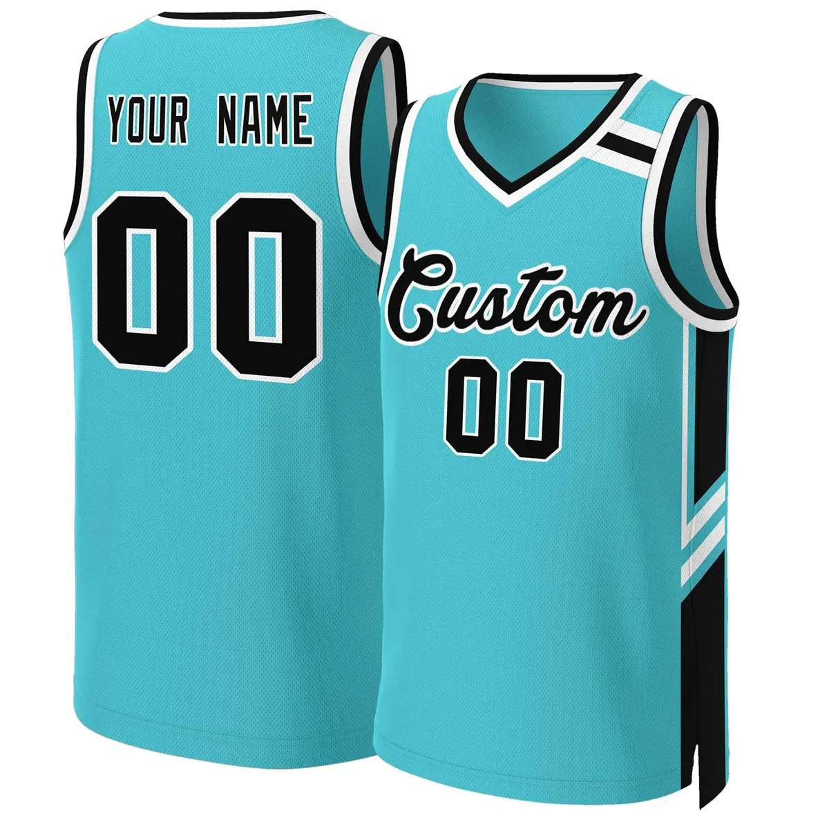 Teal Black White Classic Tops Mesh Basketball Jersey