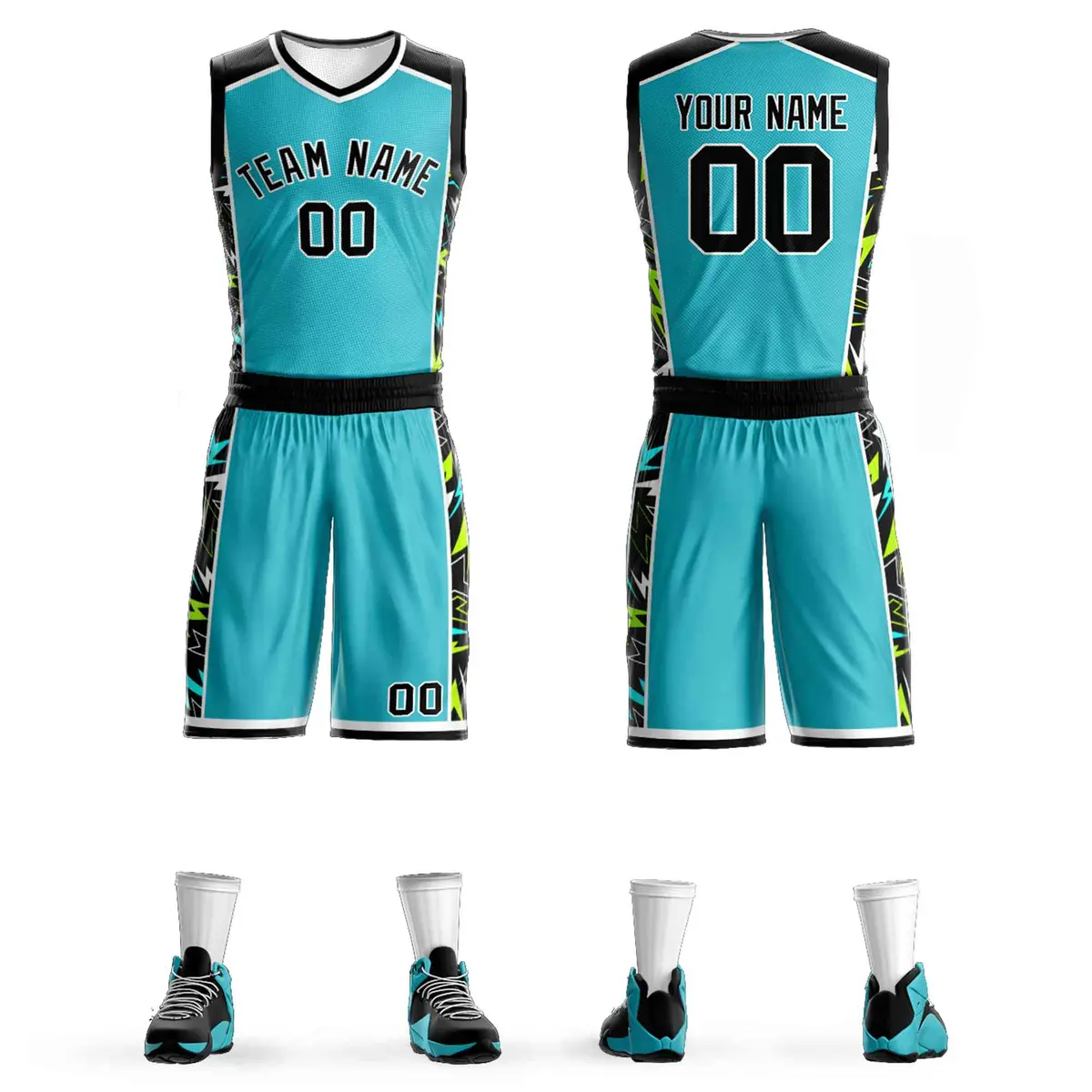 Teal Black-White Graffiti Lightning Basketball Jersey