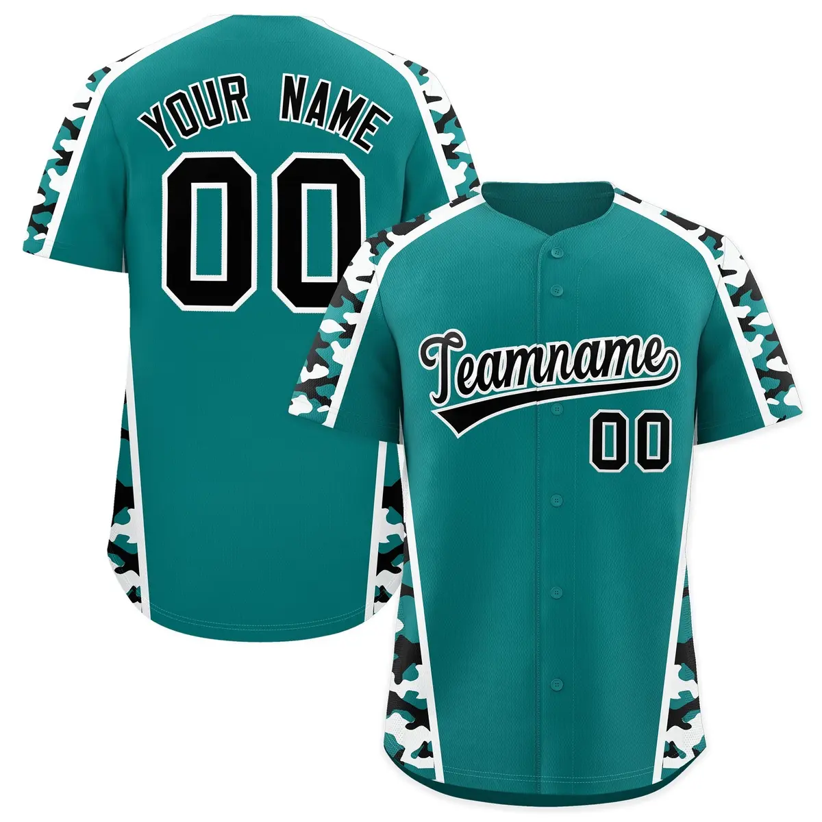 Teal Black White Side Camo Baseball Jersey