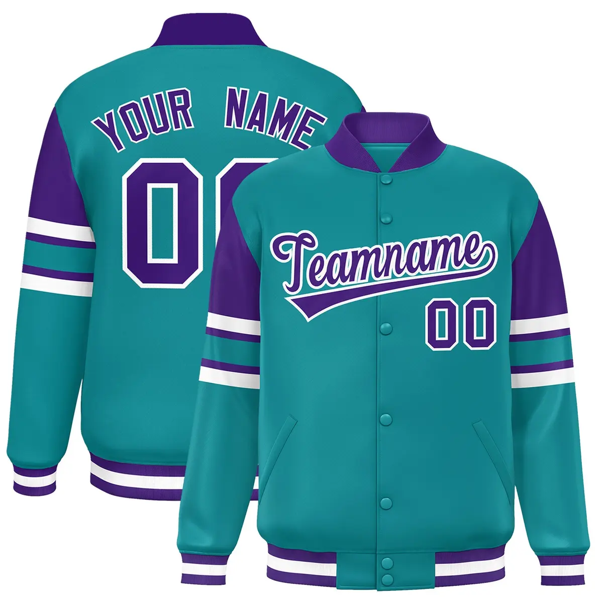 Teal Color Block Varsity Full-Snap Letterman Jacket