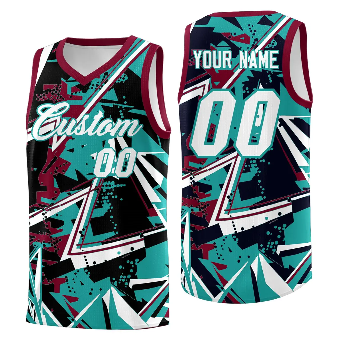 Teal Crimson Abstract Graffiti Sublimation Basketball Jersey