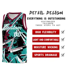 Teal Crimson Abstract Graffiti Sublimation Basketball Jersey 2