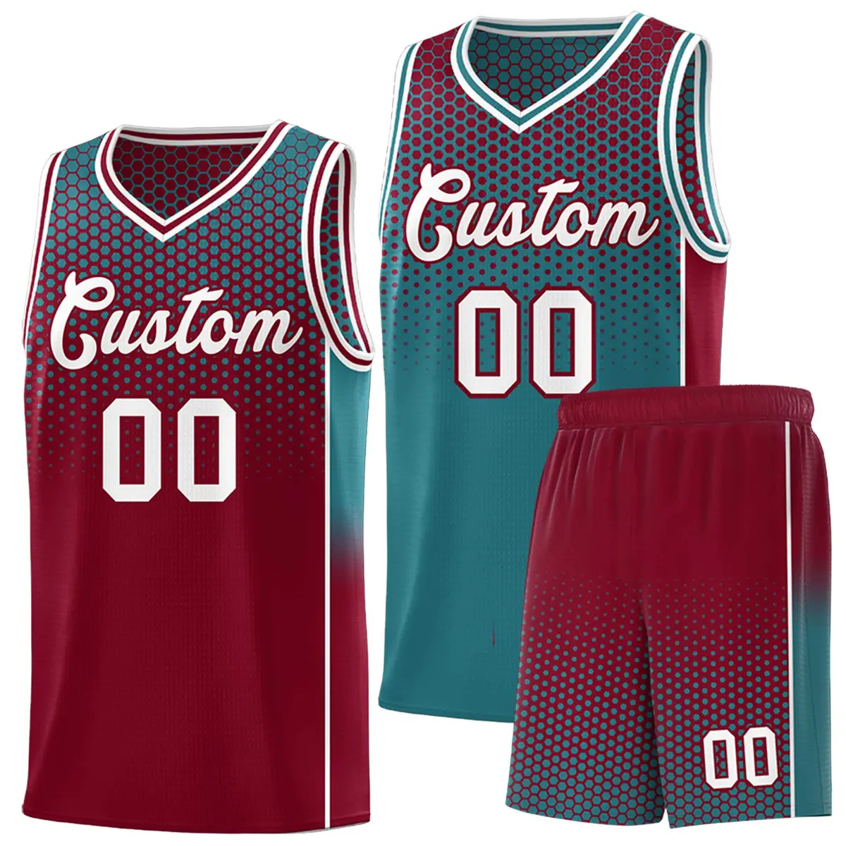 Teal Crimson Dot Pattern Reversible Gradient Basketball Jersey Kits