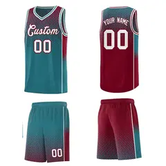Teal Crimson Dot Pattern Reversible Gradient Basketball Jersey Kits 5