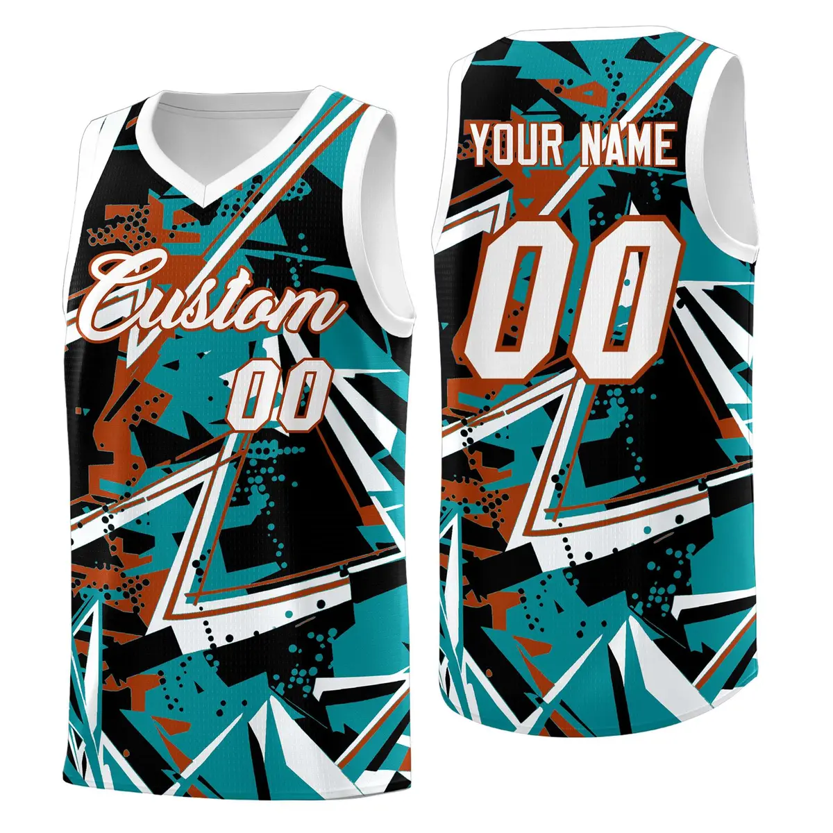 Teal Dark Orange Abstract Graffiti Wrinkle-Resistant Basketball Jersey