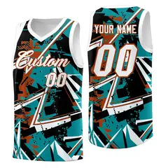 Teal Dark Orange Abstract Graffiti Wrinkle-Resistant Basketball Jersey 1
