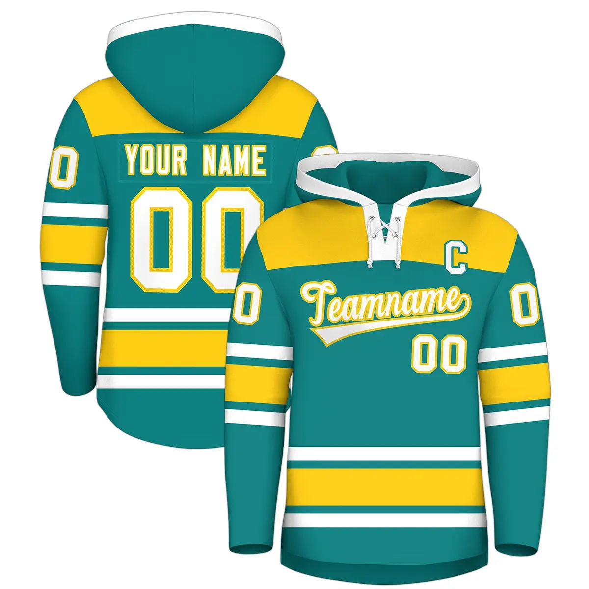 Teal Gold Raglan Lace-Up Neck Hockey Hoodie Jersey