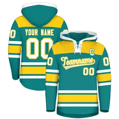 Teal Gold Raglan Lace-Up Neck Hockey Hoodie Jersey 1