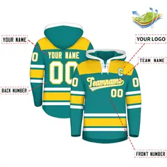 Teal Gold Raglan Lace-Up Neck Hockey Hoodie Jersey 2