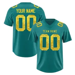 Teal Gold Sequin Lettering Breathable Football Jersey 1