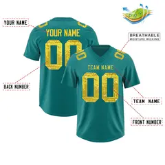 Teal Gold Sequin Lettering Breathable Football Jersey 2