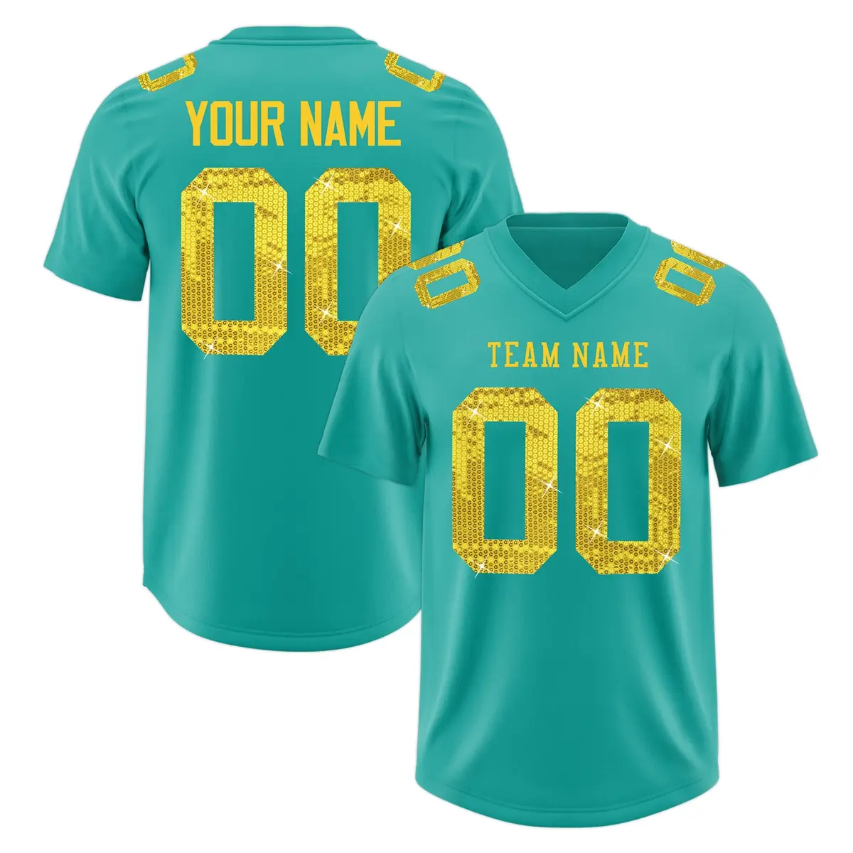 Teal Gold Sequin Lettering Moisture-Wicking Football Jersey
