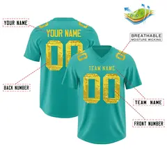 Teal Gold Sequin Lettering Moisture-Wicking Football Jersey 2