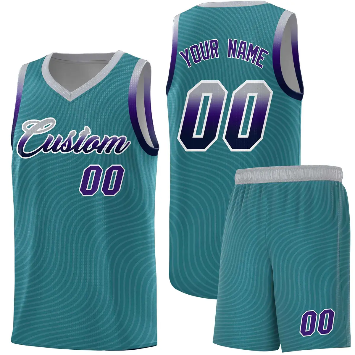 Teal Gray Wave Pattern Basketball Uniform Jersey