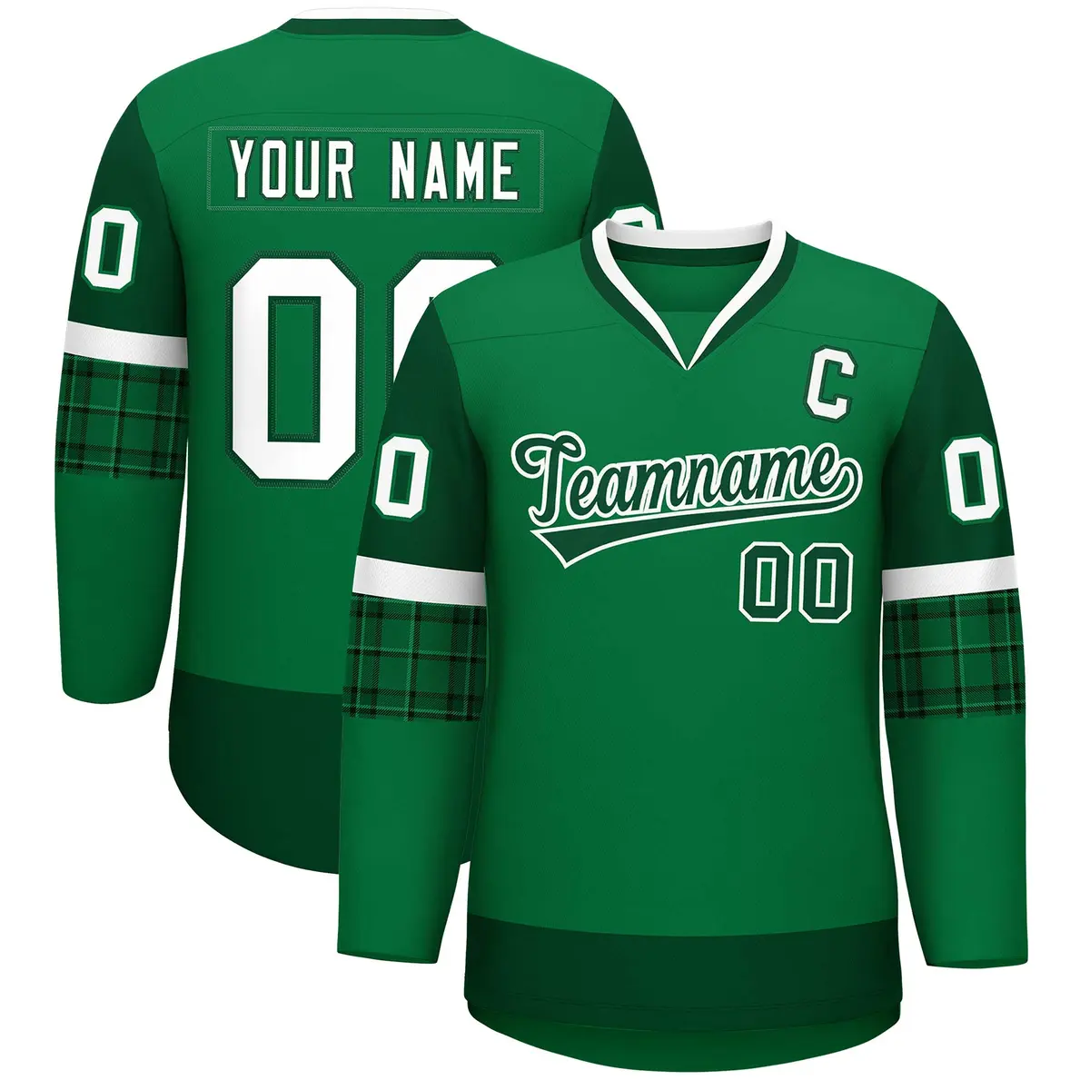 Teal Green-White Raglan Sleeves V-Neck Hockey Jersey