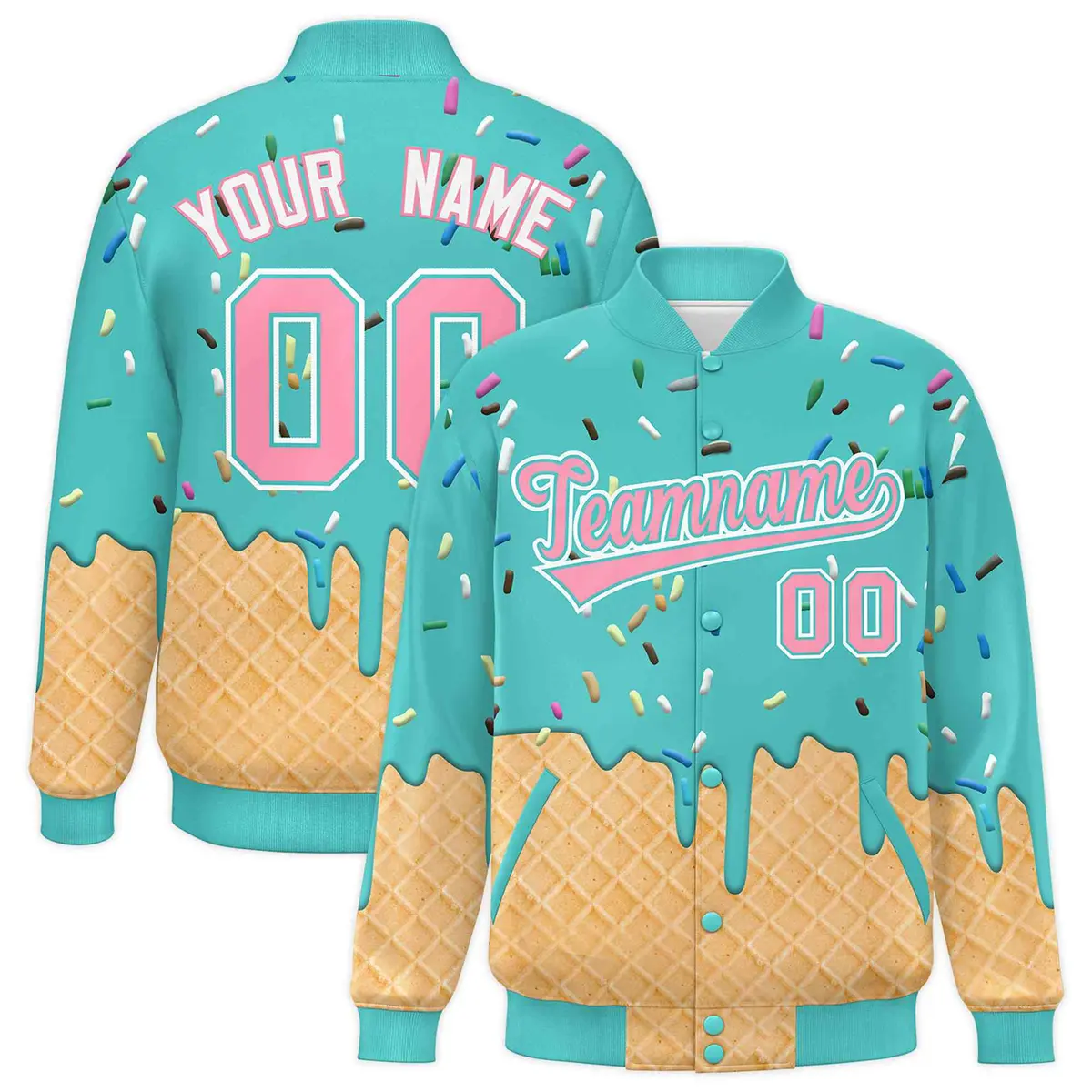Teal Ice Cream Cone Graffiti Full-Snap Varsity Letterman Jacket