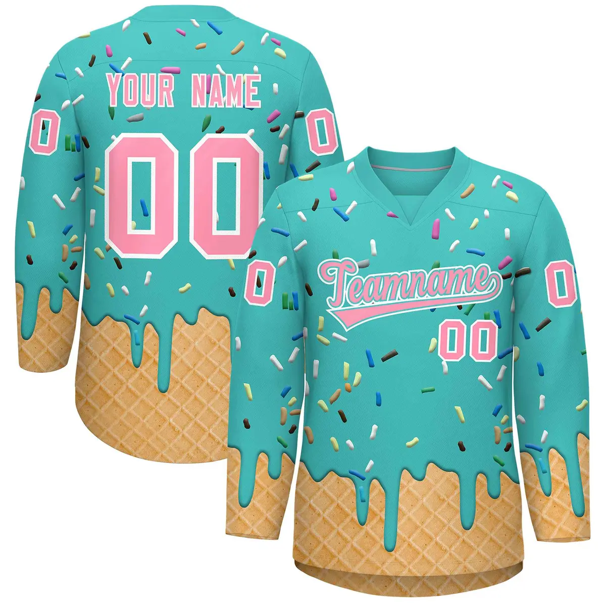 Teal Light Pink Ice Cream Pattern V-Neck Hockey Jersey