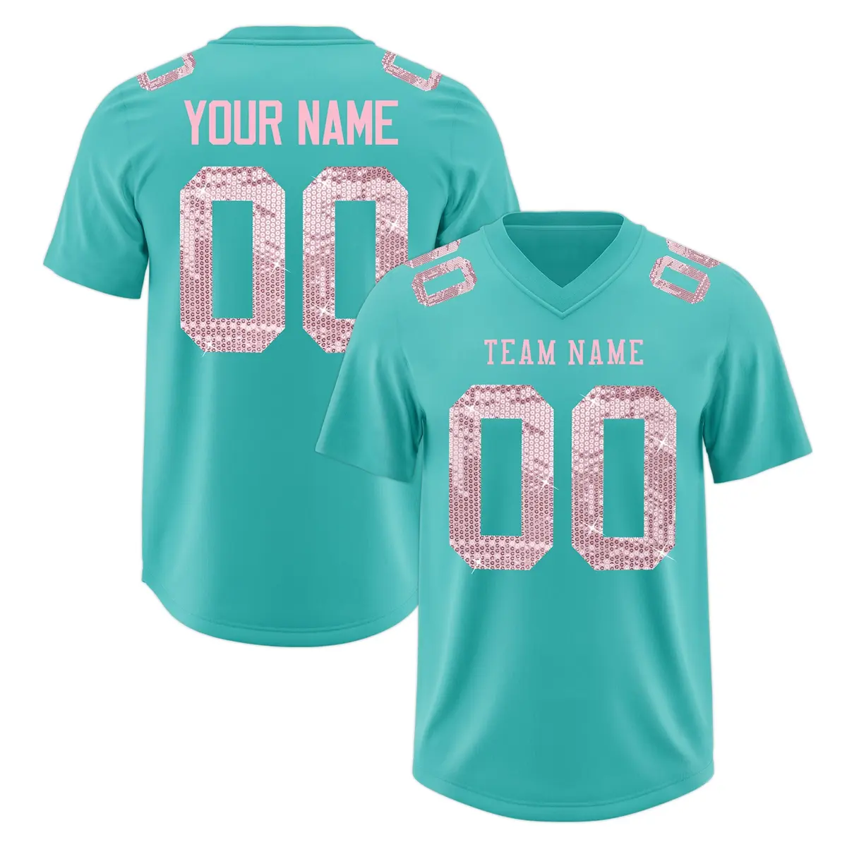 Teal Light Pink Sequin Lettering Football Jersey