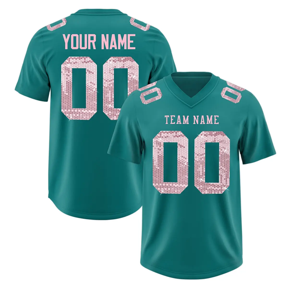 Teal Light Pink Sequin Lettering Football Jersey