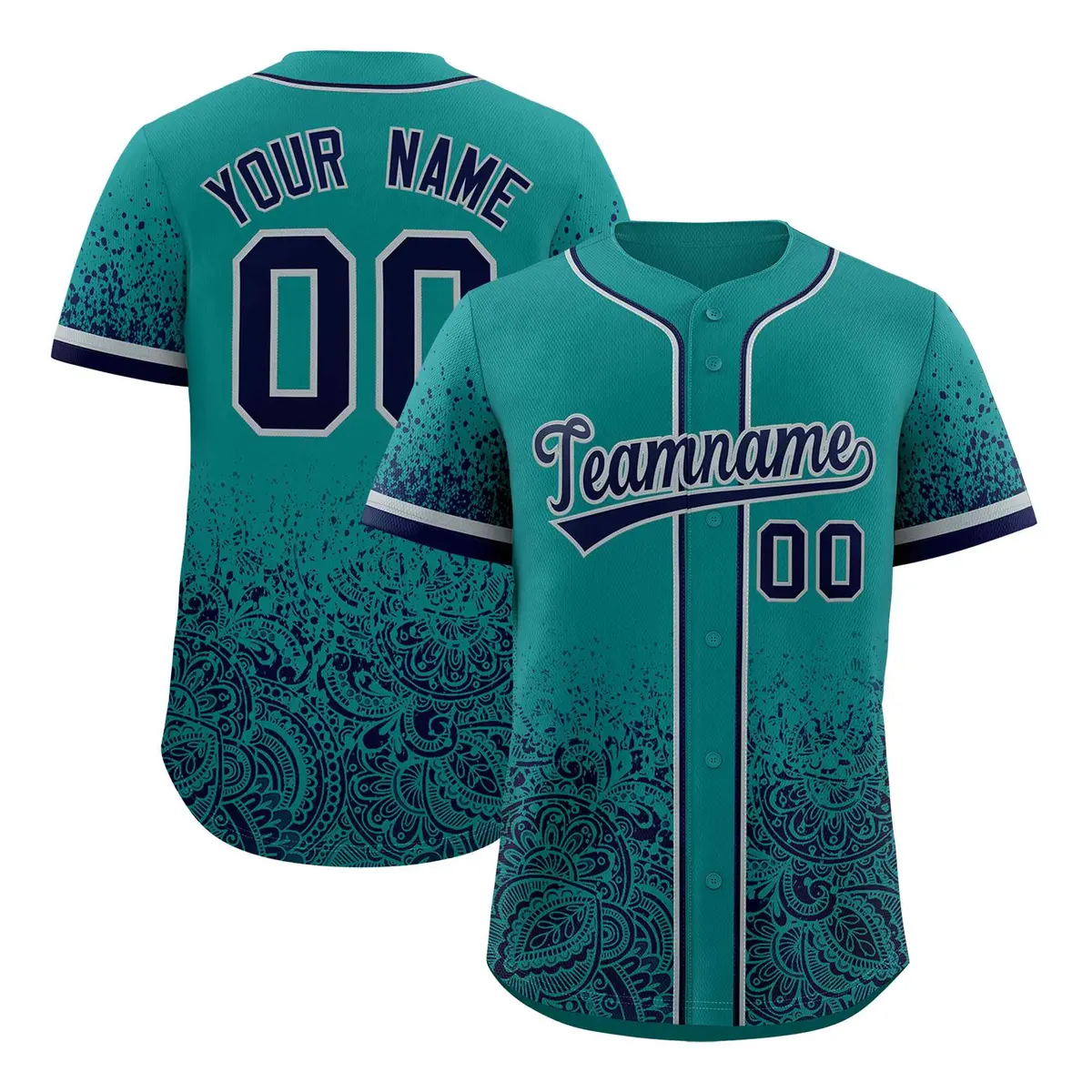 Teal Navy Floral Gradient Full Button Baseball Jersey
