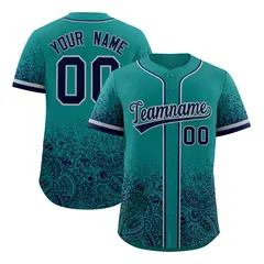 Teal Navy Floral Gradient Full Button Baseball Jersey 1