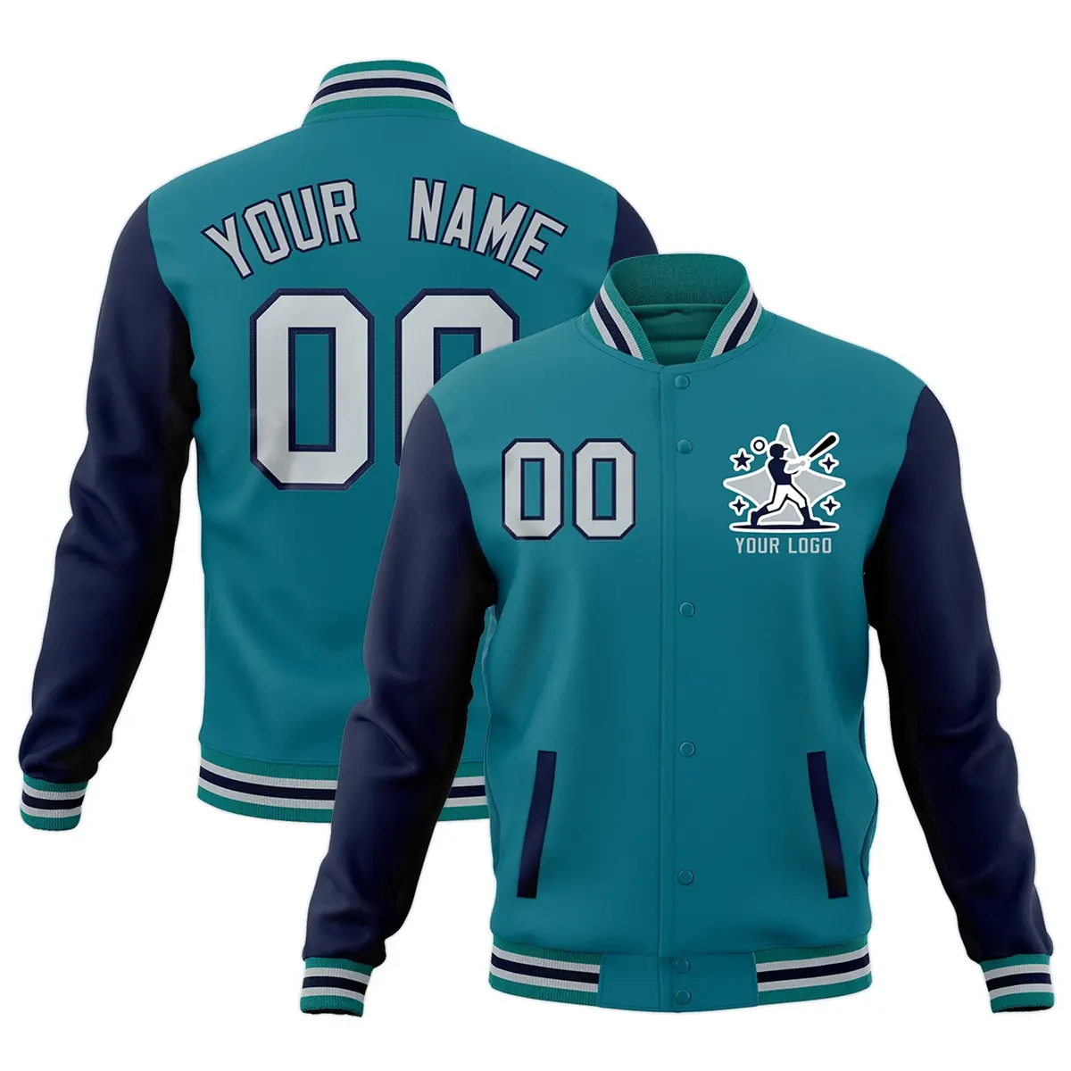 Teal Navy Gray Raglan Full-Snap Letterman Cotton Jacket