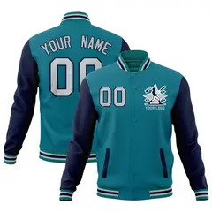 Teal Navy Gray Raglan Full-Snap Letterman Cotton Jacket 1