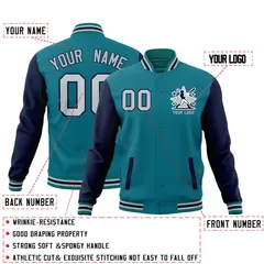 Teal Navy Gray Raglan Full-Snap Letterman Cotton Jacket 2
