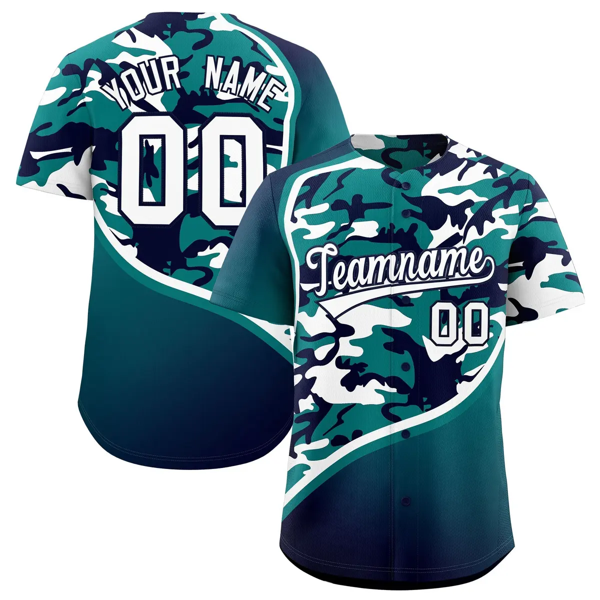 Teal Navy White Camo Gradient Fashion Baseball Jersey