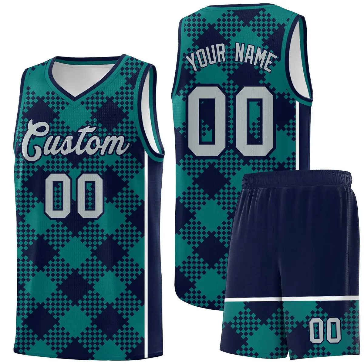 Teal Navy-White Grid Basketball Kits For Team