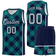 Teal Navy-White Grid Basketball Kits For Team 1