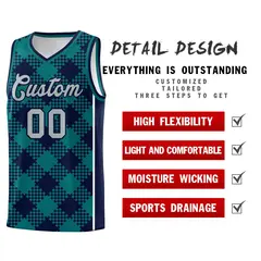 Teal Navy-White Grid Basketball Kits For Team 2