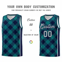 Teal Navy-White Grid Basketball Kits For Team 3