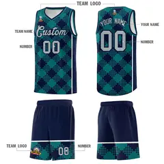 Teal Navy-White Grid Basketball Kits For Team 5