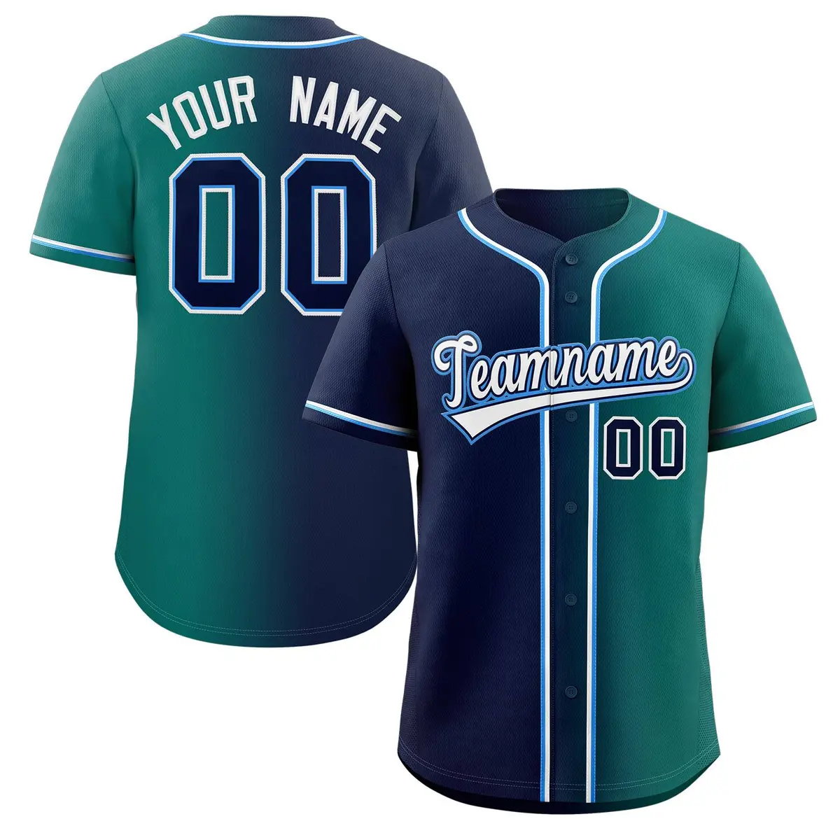 Teal Navy White-Power Blue Gradient Fashion Baseball Jersey