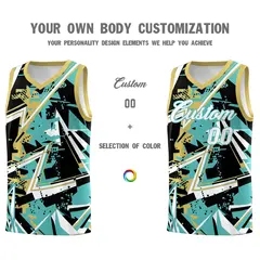 Teal Old Gold Abstract Graffiti Uniform Basketball Jersey 3