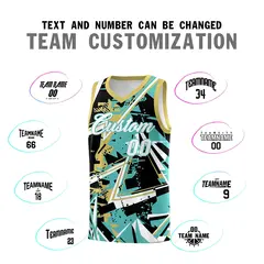 Teal Old Gold Abstract Graffiti Uniform Basketball Jersey 4