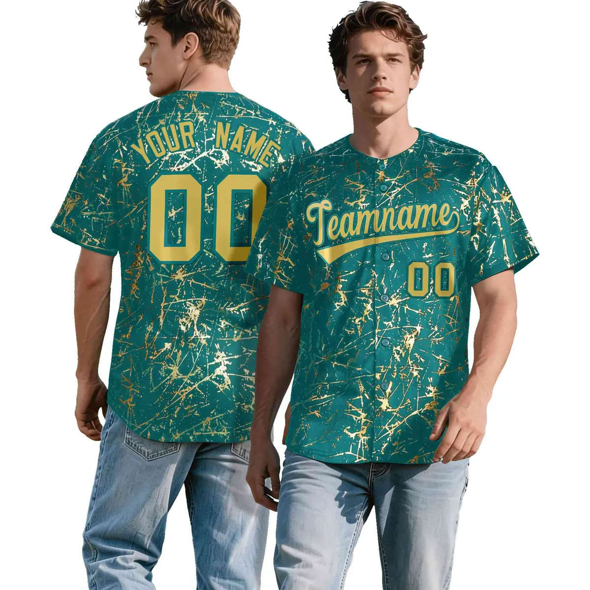 Teal Old Gold Black & Shiny Gold Cracked Foil Hip Hop Baseball Jersey