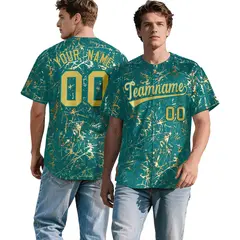 Teal Old Gold Black & Shiny Gold Cracked Foil Hip Hop Baseball Jersey 1