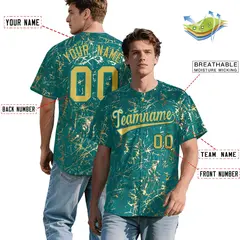 Teal Old Gold Black & Shiny Gold Cracked Foil Hip Hop Baseball Jersey 2