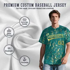 Teal Old Gold Black & Shiny Gold Cracked Foil Hip Hop Baseball Jersey 3