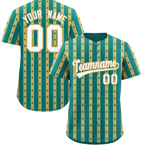 Teal Old Gold Thick Striped Star Pattern Baseball Jersey