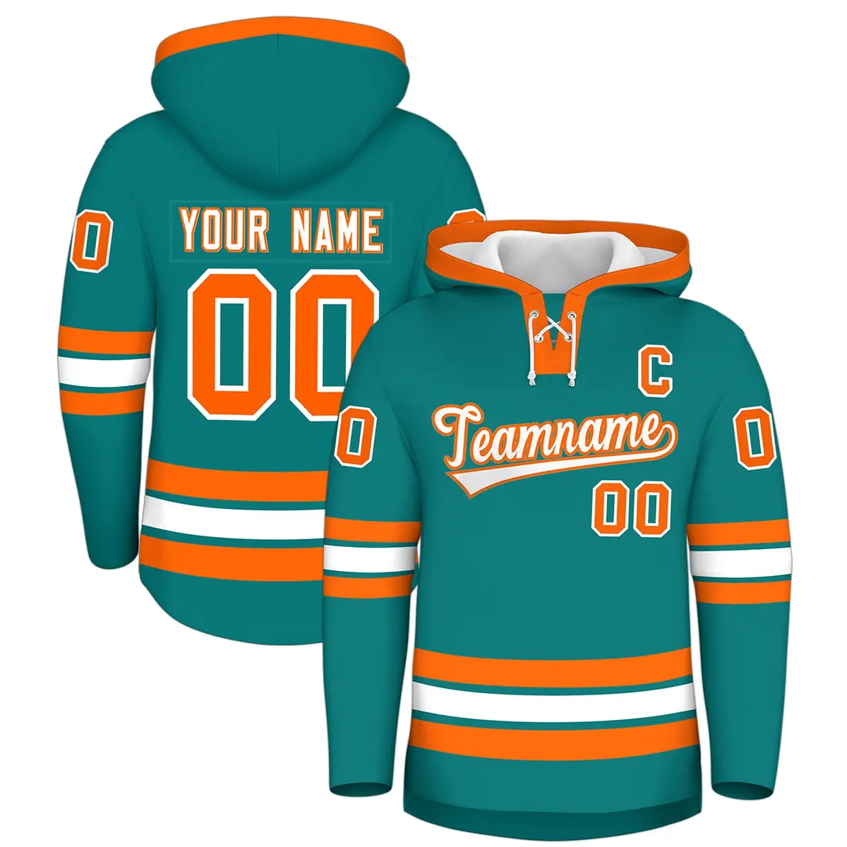 Teal Orange Lace-Up Neck Hockey Hoodie