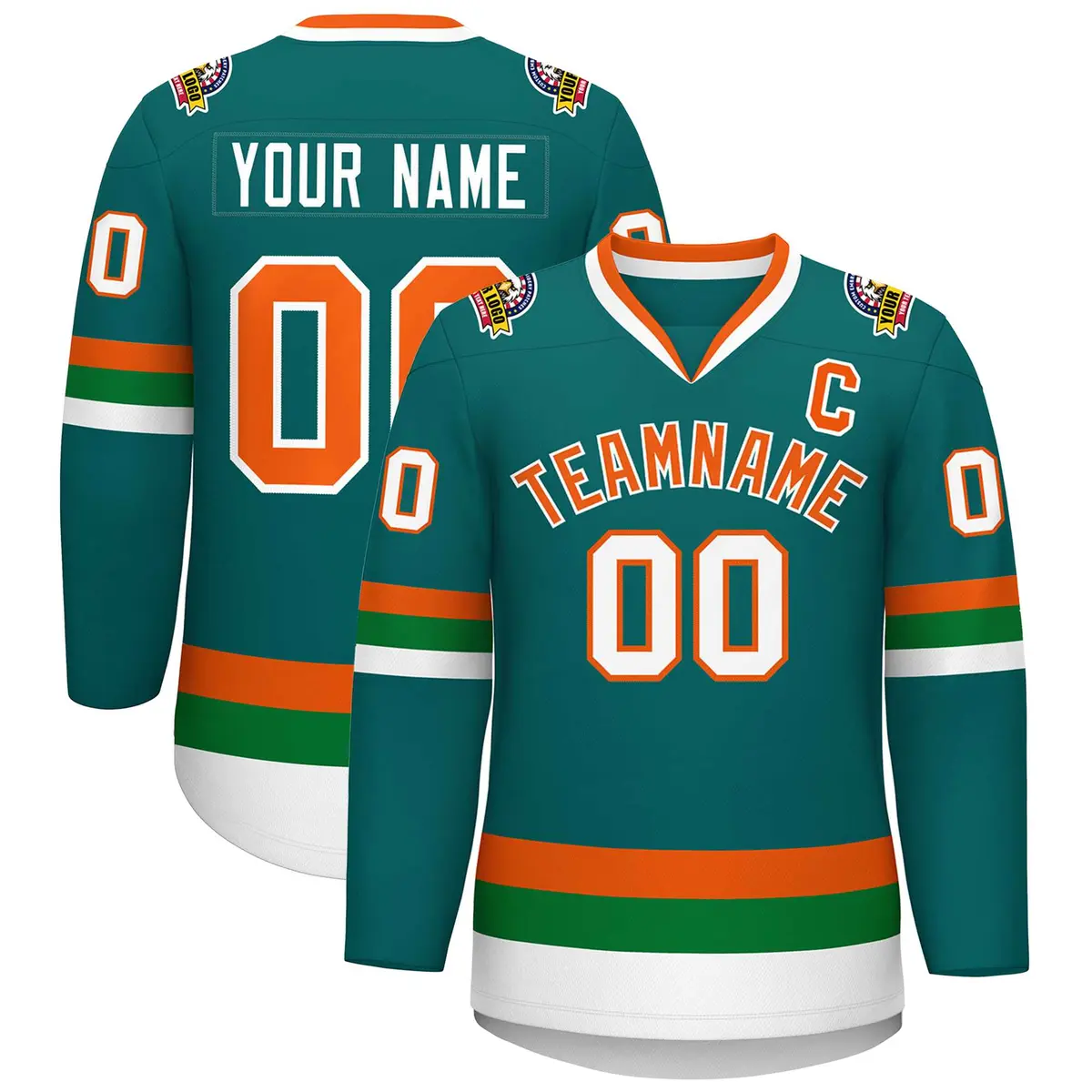 Teal Orange-White Classic Style Hockey Jersey