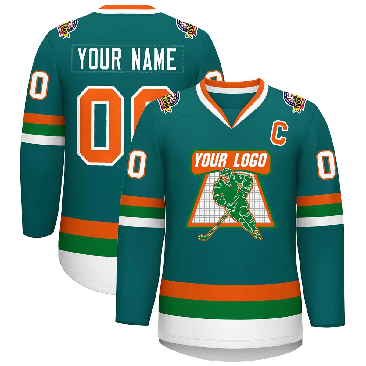 Teal Orange-White Classic Style Hockey Jersey