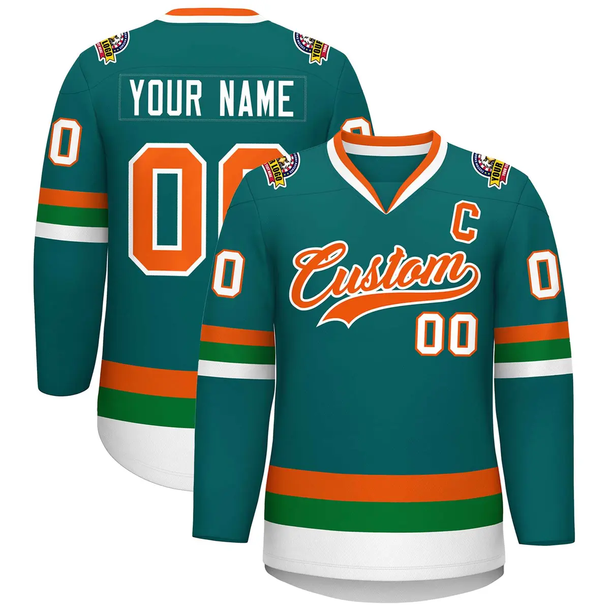 Teal Orange-White Classic Style Hockey Jersey