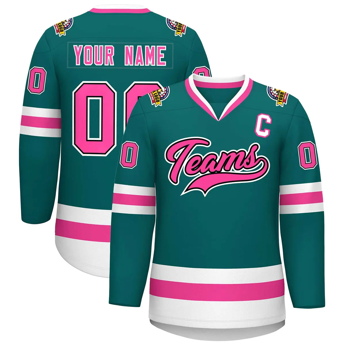 Teal Pink Black-White Classic Hockey Jersey